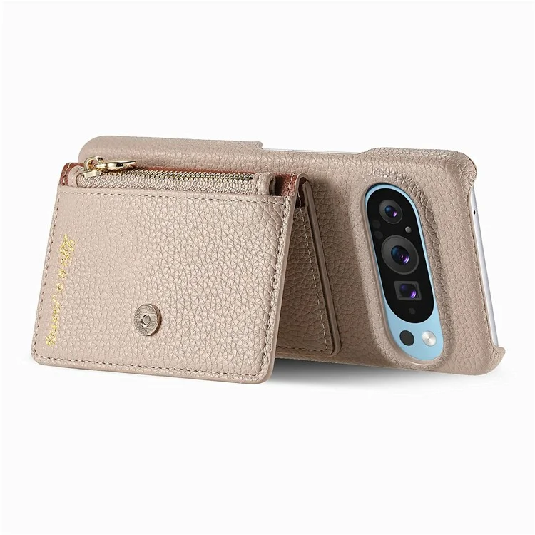 Capa para Google Pixel 9 Pro XL Y4 com bolso com zíper, capa de couro para celular, suporte e compartimento para cartões - Cáqui
