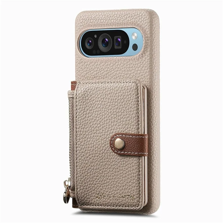 Capa para Google Pixel 9 Pro XL Y4 com bolso com zíper, capa de couro para celular, suporte e compartimento para cartões - Cáqui