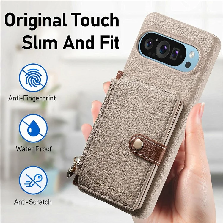 Capa para Google Pixel 9 Pro XL Y4 com bolso com zíper, capa de couro para celular, suporte e compartimento para cartões - Cáqui