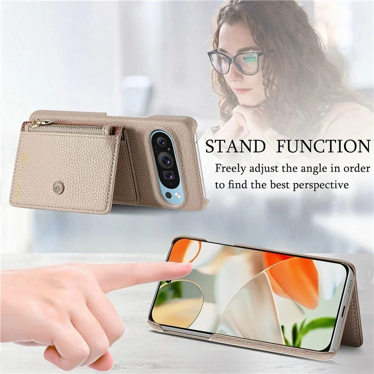 Capa para Google Pixel 9 Pro XL Y4 com bolso com zíper, capa de couro para celular, suporte e compartimento para cartões - Cáqui