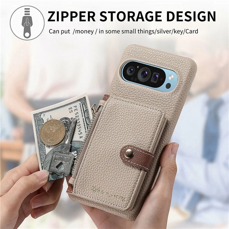 Capa para Google Pixel 9 Pro XL Y4 com bolso com zíper, capa de couro para celular, suporte e compartimento para cartões - Cáqui