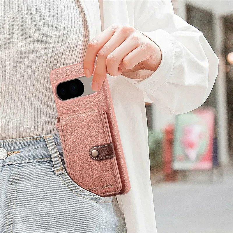 Y4 For Google Pixel 9 Pro  /  Pixel 9 Case Zipper Pocket Leather Phone Back Cover Card Holder Kickstand - Pink