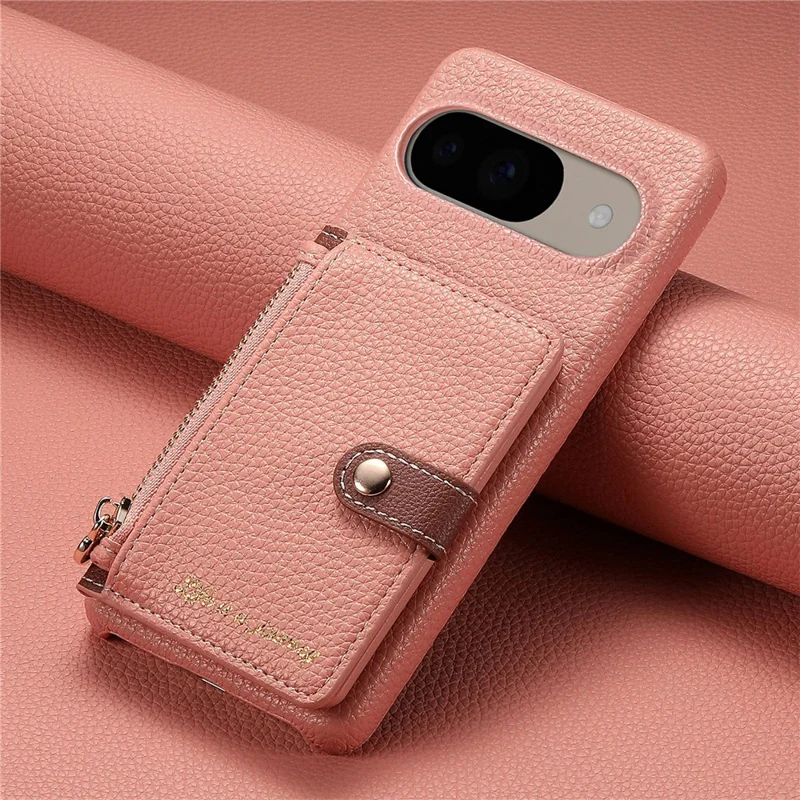 Y4 For Google Pixel 9 Pro  /  Pixel 9 Case Zipper Pocket Leather Phone Back Cover Card Holder Kickstand - Pink