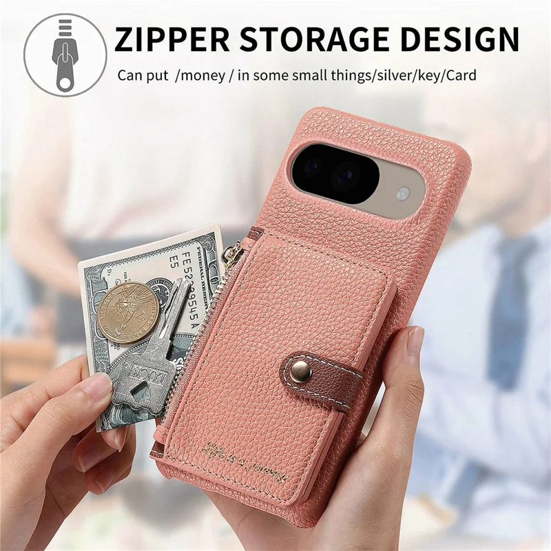 Y4 For Google Pixel 9 Pro  /  Pixel 9 Case Zipper Pocket Leather Phone Back Cover Card Holder Kickstand - Pink