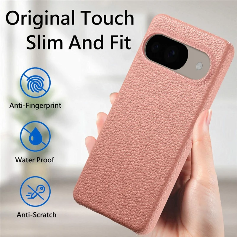 For Google Pixel 9 Pro  /  Pixel 9 Back Case Litchi Texture PU Leather PC Hard Cover - Pink