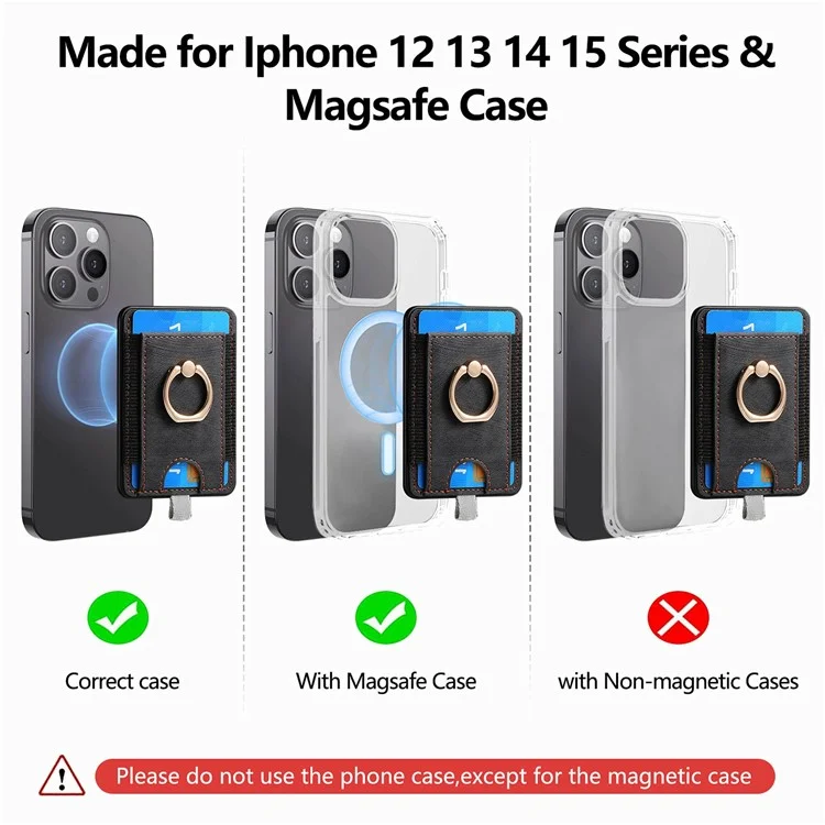 MC-W6 Suporte magnético universal para cartão com apoio de anel e suporte de couro PU para telefone - Preto