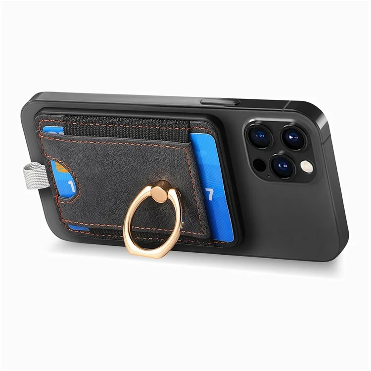 MC-W6 Suporte magnético universal para cartão com apoio de anel e suporte de couro PU para telefone - Preto