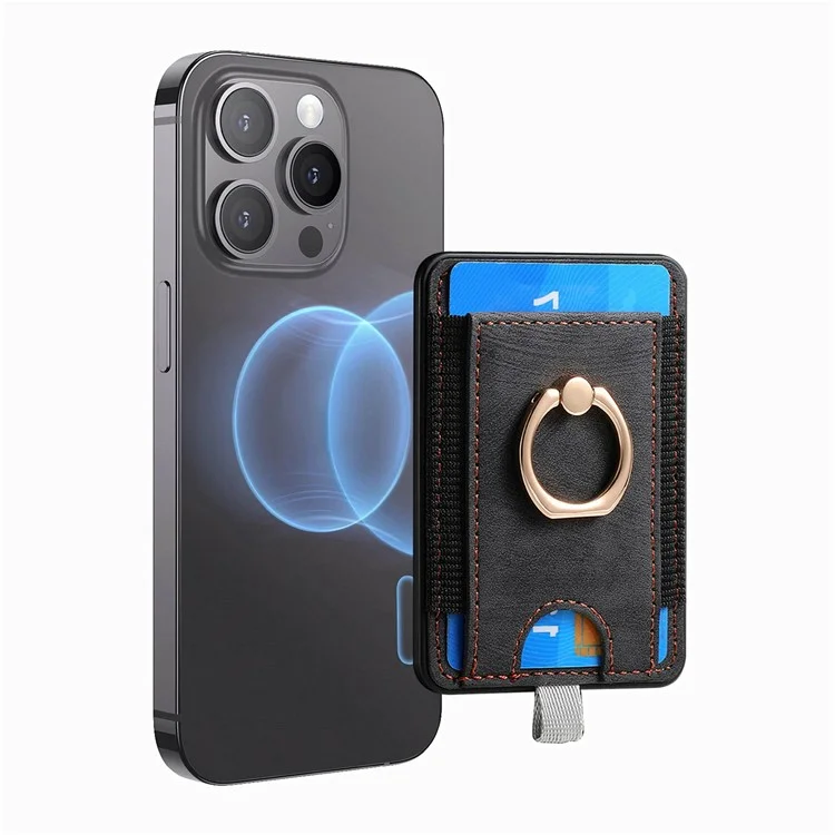 MC-W6 Suporte magnético universal para cartão com apoio de anel e suporte de couro PU para telefone - Preto