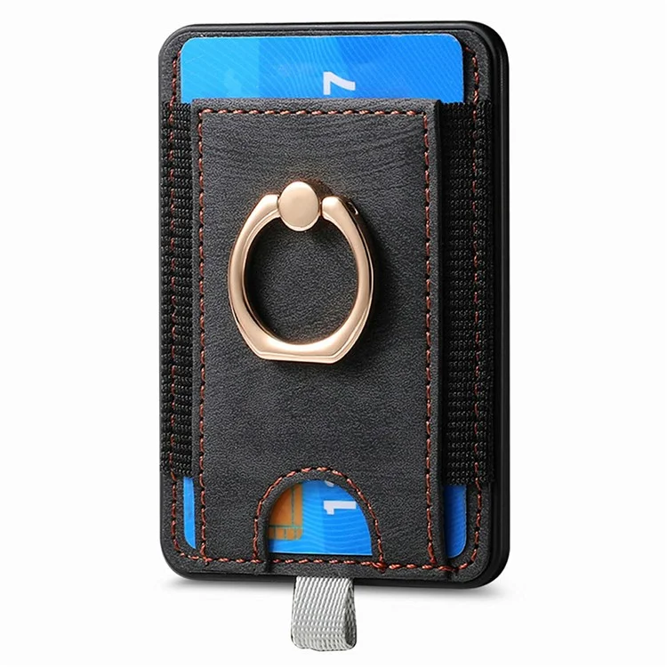 MC-W6 Suporte magnético universal para cartão com apoio de anel e suporte de couro PU para telefone - Preto
