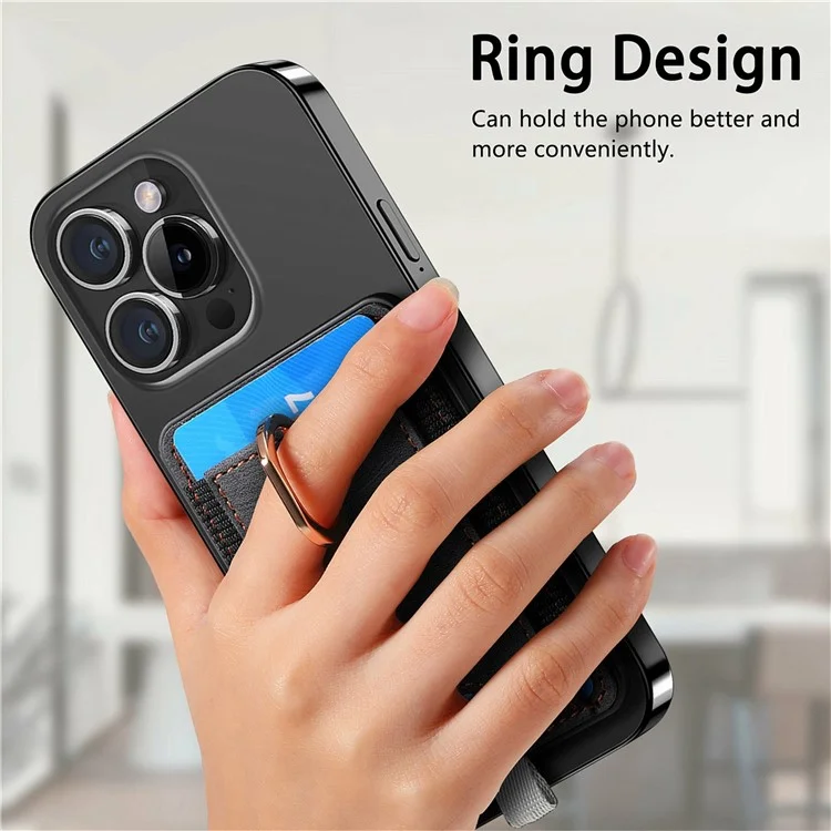 MC-W6 Suporte magnético universal para cartão com apoio de anel e suporte de couro PU para telefone - Preto