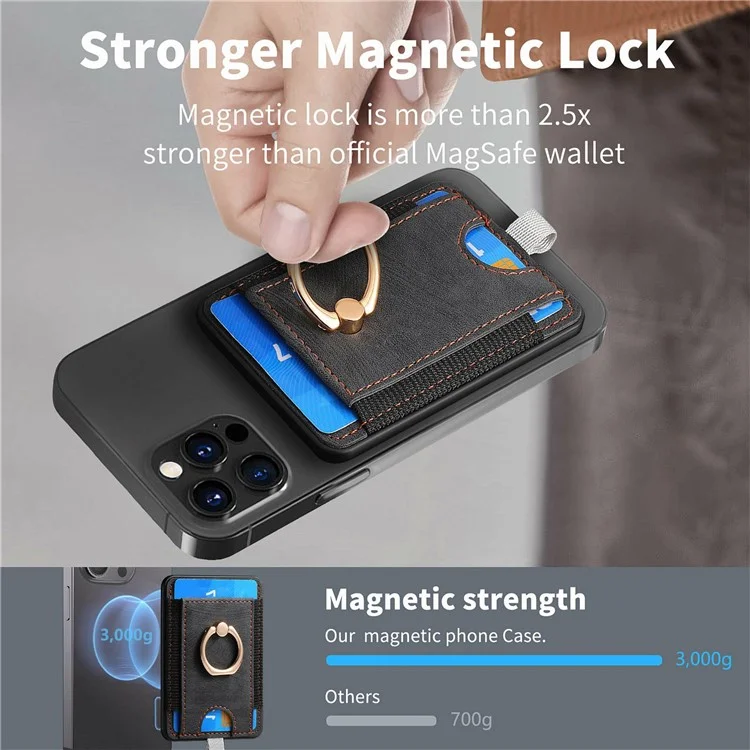 MC-W6 Suporte magnético universal para cartão com apoio de anel e suporte de couro PU para telefone - Preto