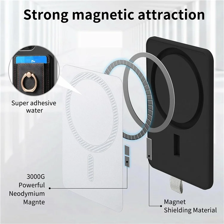 MC-W6 Suporte magnético universal para cartão com apoio de anel e suporte de couro PU para telefone - Preto