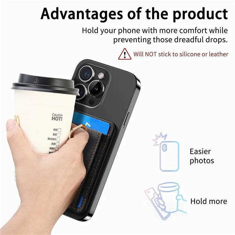 MC-W6 Suporte magnético universal para cartão com apoio de anel e suporte de couro PU para telefone - Preto