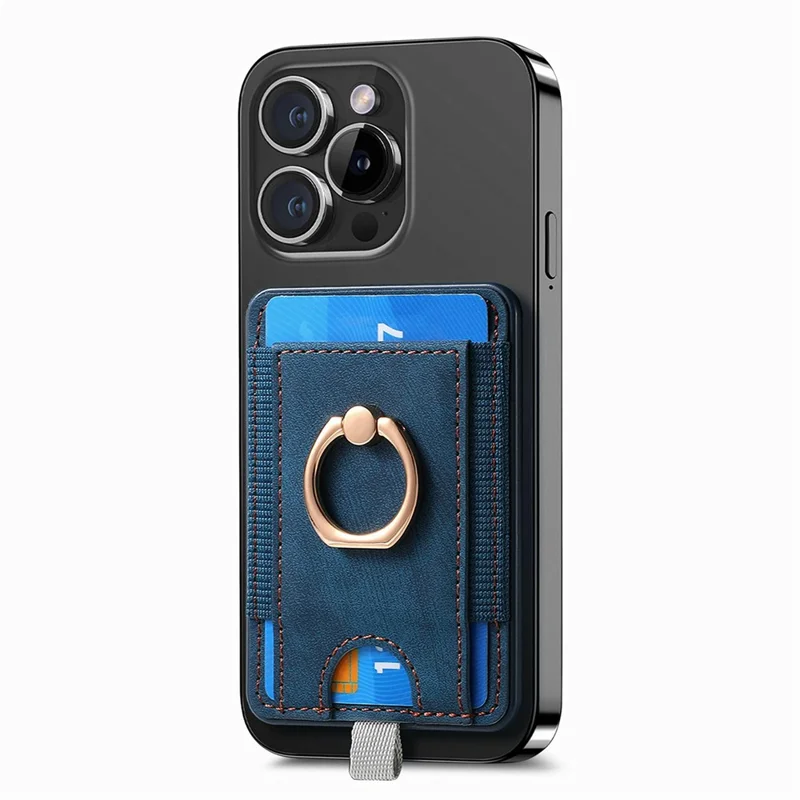 MC-W6 Universal Magnetic Card Holder with Ring Kickstand PU Leather Phone Card Bag - Blue