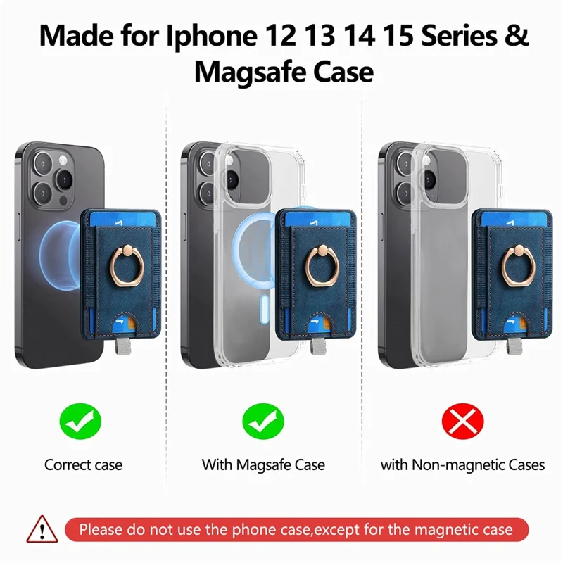 MC-W6 Universal Magnetic Card Holder with Ring Kickstand PU Leather Phone Card Bag - Blue