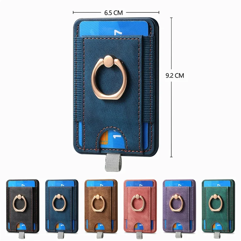 MC-W6 Universal Magnetic Card Holder with Ring Kickstand PU Leather Phone Card Bag - Blue
