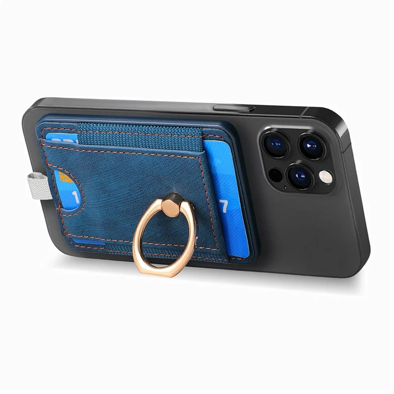 MC-W6 Universal Magnetic Card Holder with Ring Kickstand PU Leather Phone Card Bag - Blue