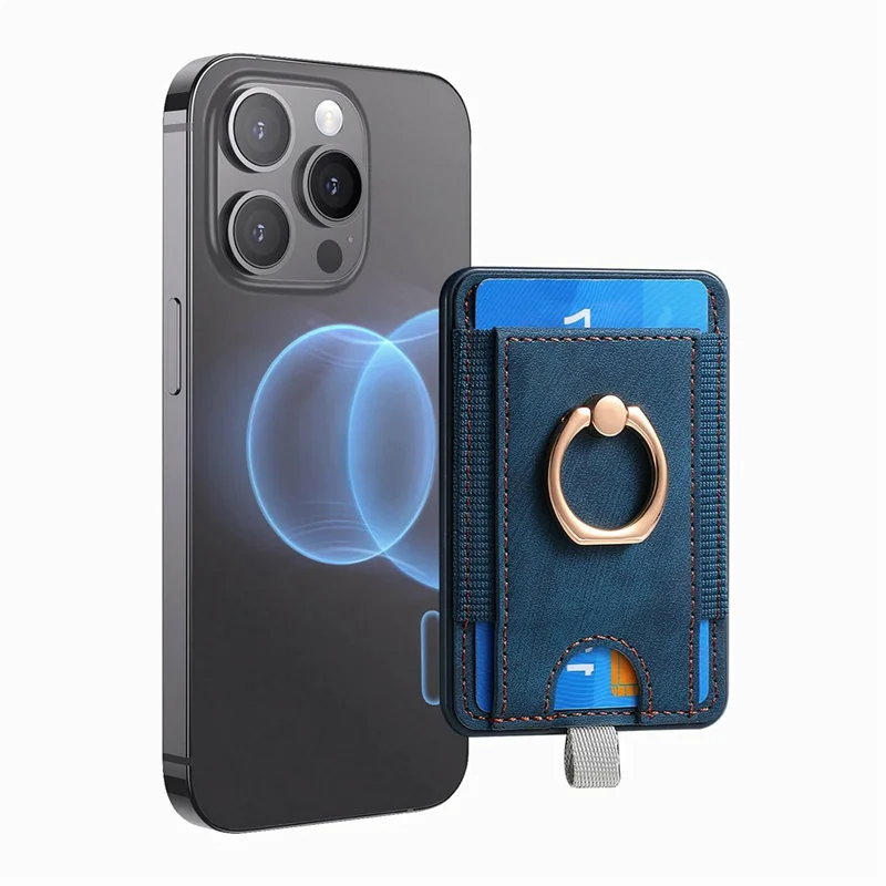 MC-W6 Universal Magnetic Card Holder with Ring Kickstand PU Leather Phone Card Bag - Blue