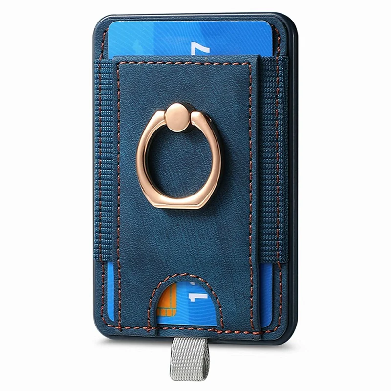 MC-W6 Universal Magnetic Card Holder with Ring Kickstand PU Leather Phone Card Bag - Blue
