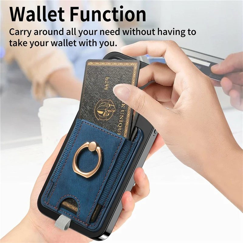 MC-W6 Universal Magnetic Card Holder with Ring Kickstand PU Leather Phone Card Bag - Blue
