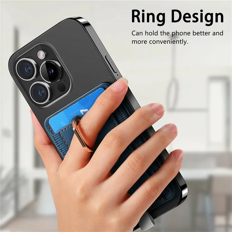 MC-W6 Universal Magnetic Card Holder with Ring Kickstand PU Leather Phone Card Bag - Blue