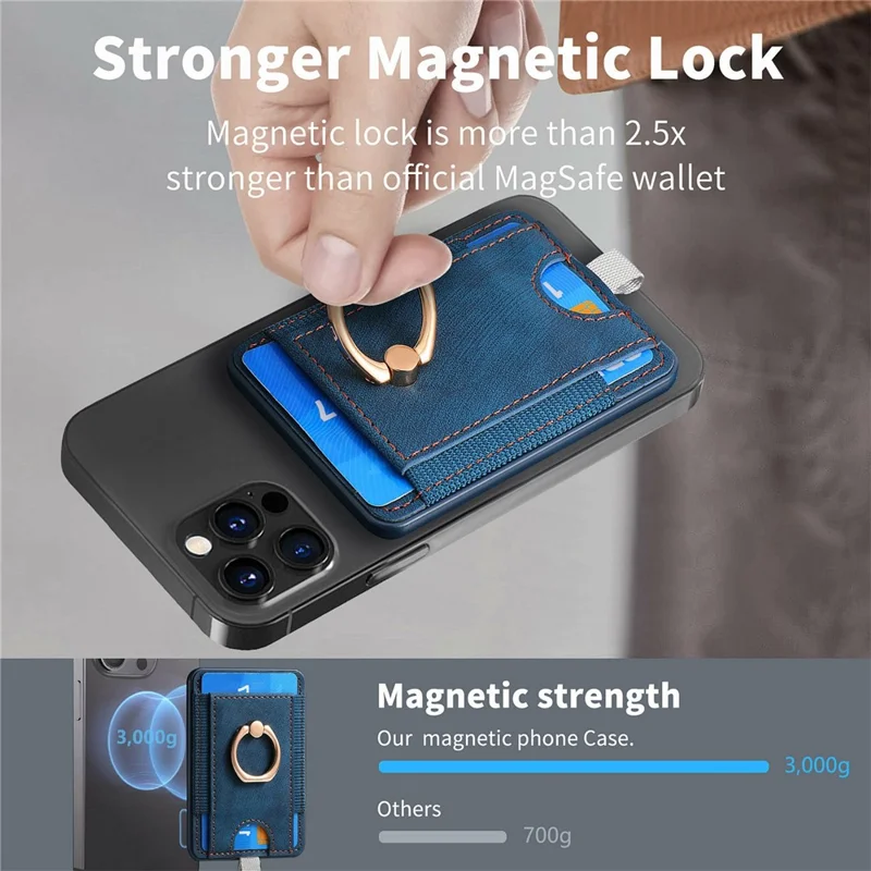 MC-W6 Universal Magnetic Card Holder with Ring Kickstand PU Leather Phone Card Bag - Blue