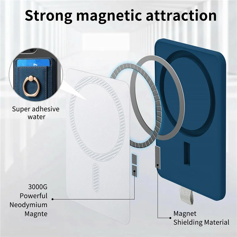 MC-W6 Universal Magnetic Card Holder with Ring Kickstand PU Leather Phone Card Bag - Blue