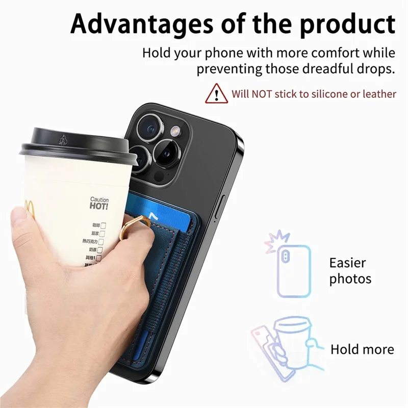 MC-W6 Universal Magnetic Card Holder with Ring Kickstand PU Leather Phone Card Bag - Blue