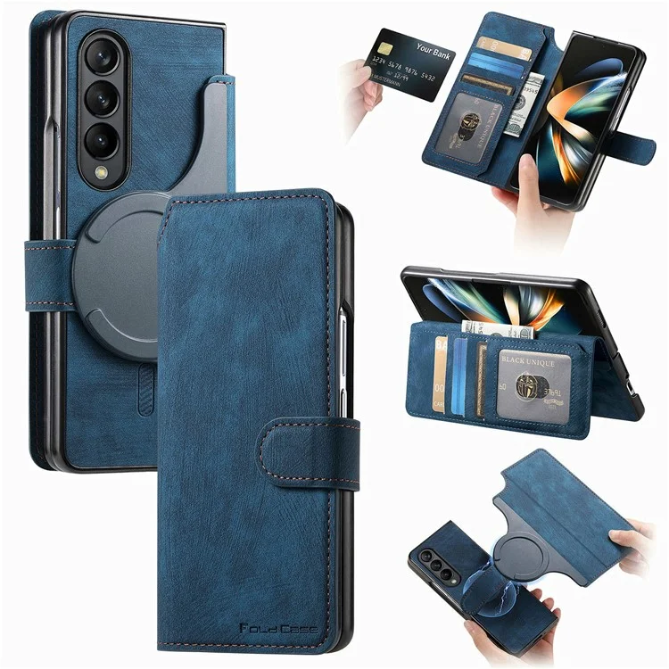 CASENEO For Samsung Galaxy Z Fold4 5G Leather Case 2-in-1 Magnetic Detachable Wallet Phone Cover - Blue