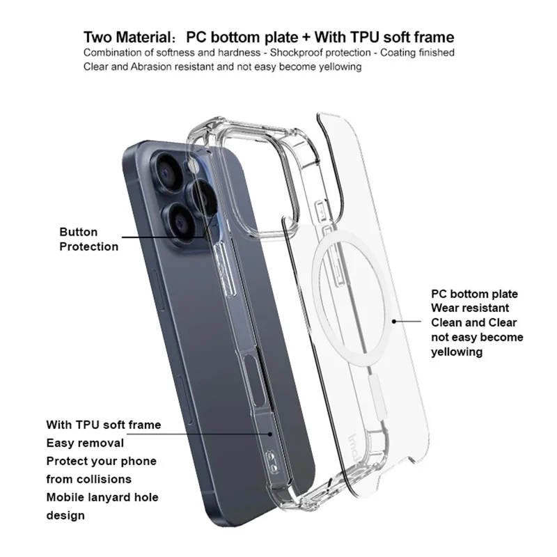 IMAK для iPhone 16 Pro Clear Case, совместимый с MagSafe, ударопрочный PC+TPU чехол для телефона