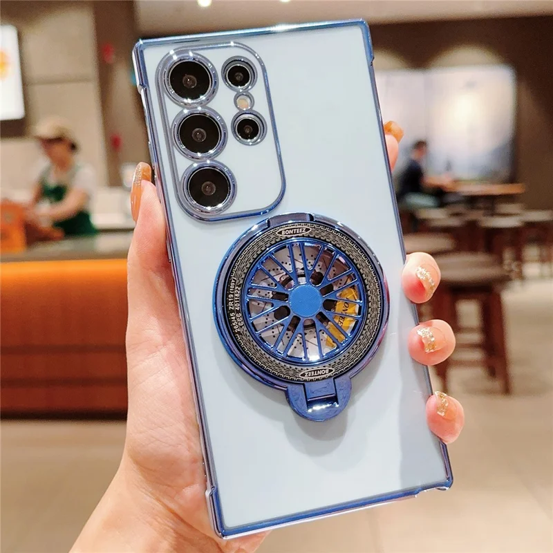 Voor Samsung Galaxy S23 Ultra Case Galvaniseren Gyro Design Steunpoot Zacht TPU Telefoonhoesje - Blauw