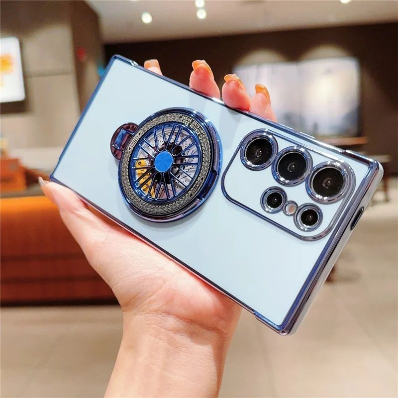 Voor Samsung Galaxy S23 Ultra Case Galvaniseren Gyro Design Steunpoot Zacht TPU Telefoonhoesje - Blauw