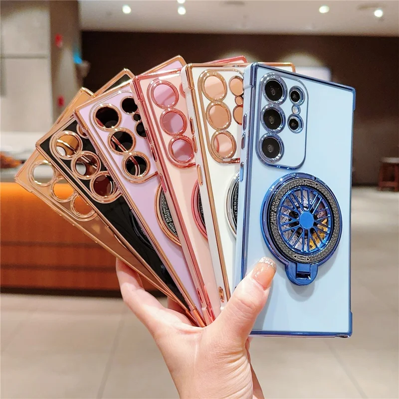 Voor Samsung Galaxy S23 Ultra Case Galvaniseren Gyro Design Steunpoot Zacht TPU Telefoonhoesje - Blauw