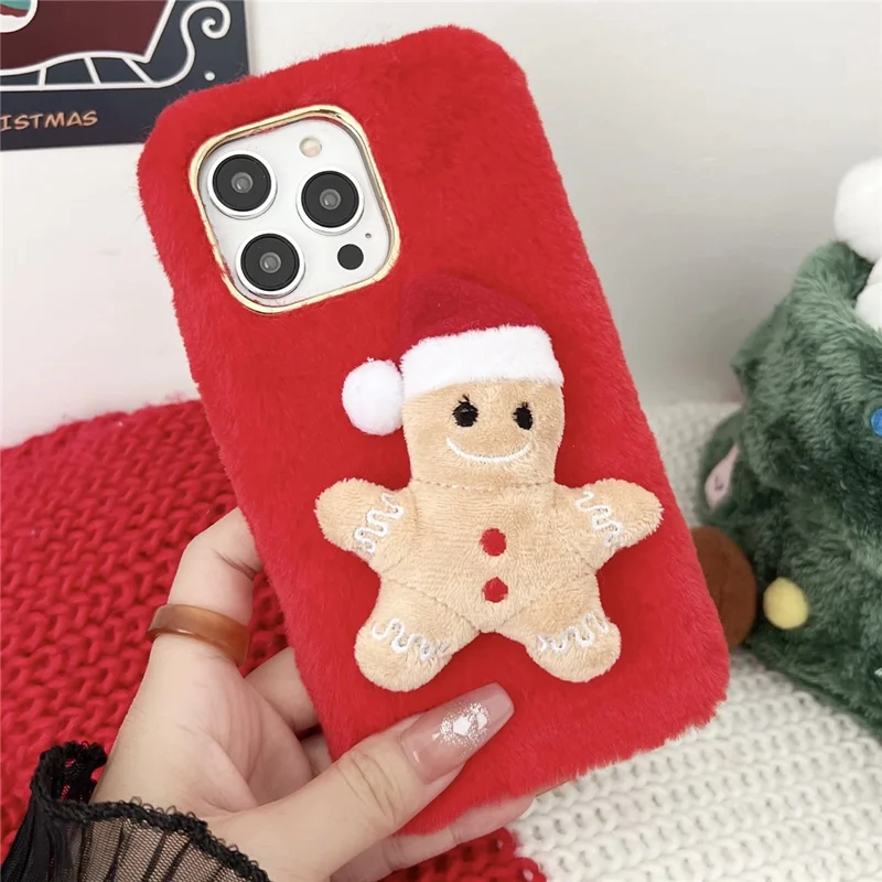For iPhone 15 Pro Max Case Christmas Gingerbread Design Plush + TPU Phone Cover - Red