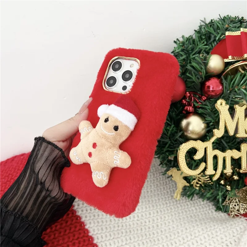 For iPhone 15 Pro Max Case Christmas Gingerbread Design Plush + TPU Phone Cover - Red