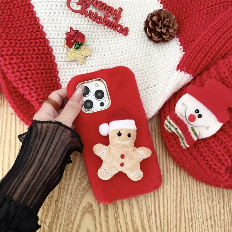 For iPhone 15 Pro Max Case Christmas Gingerbread Design Plush + TPU Phone Cover - Red