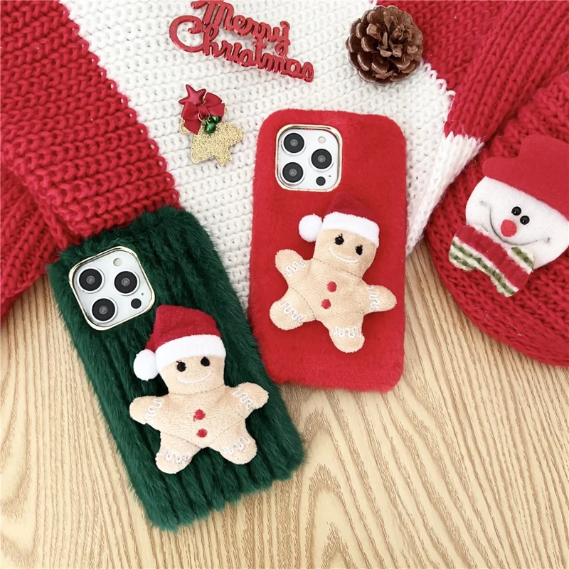For iPhone 15 Pro Max Case Christmas Gingerbread Design Plush + TPU Phone Cover - Red