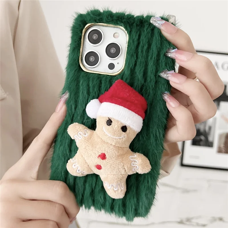 For iPhone 15 Pro Max Case Christmas Gingerbread Design Plush + TPU Phone Cover - Green