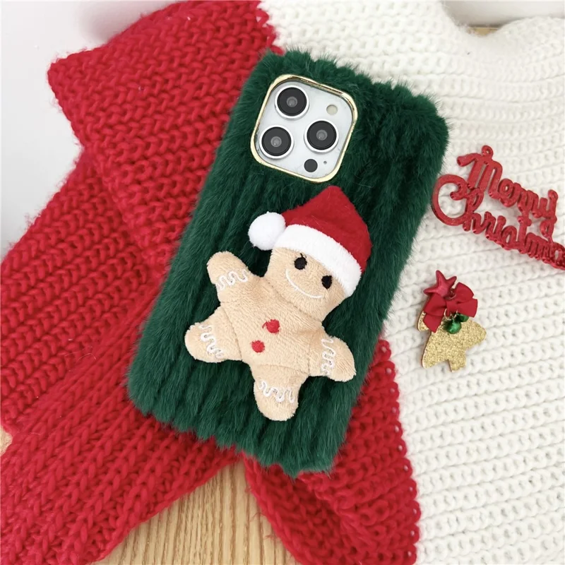 For iPhone 15 Pro Max Case Christmas Gingerbread Design Plush + TPU Phone Cover - Green