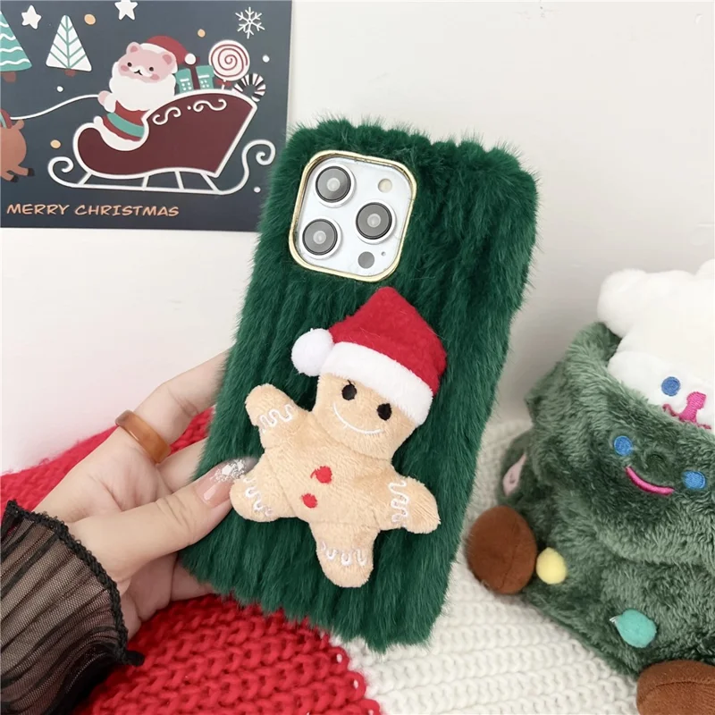 For iPhone 15 Pro Max Case Christmas Gingerbread Design Plush + TPU Phone Cover - Green