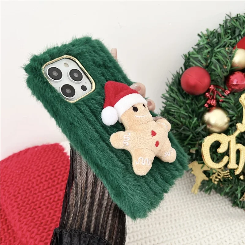 For iPhone 15 Pro Max Case Christmas Gingerbread Design Plush + TPU Phone Cover - Green
