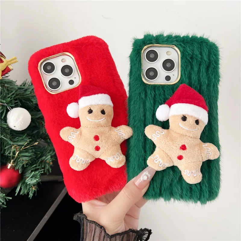 For iPhone 15 Pro Max Case Christmas Gingerbread Design Plush + TPU Phone Cover - Green
