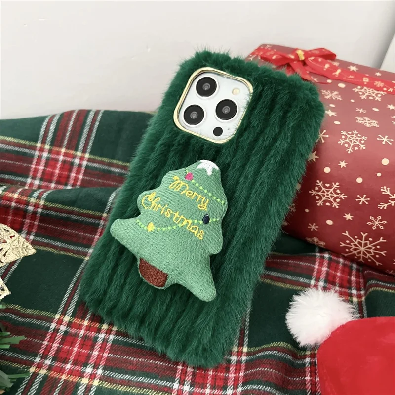 For iPhone 15 Pro Max Case Christmas Tree Design Plush + TPU Phone Cover - Red