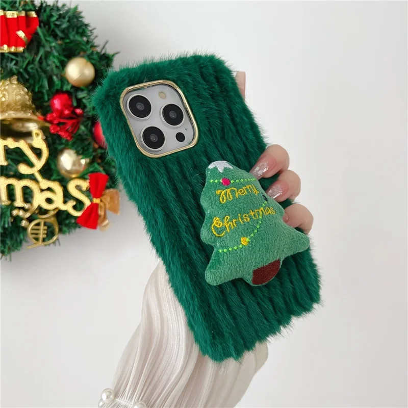 For iPhone 15 Pro Max Case Christmas Tree Design Plush + TPU Phone Cover - Red