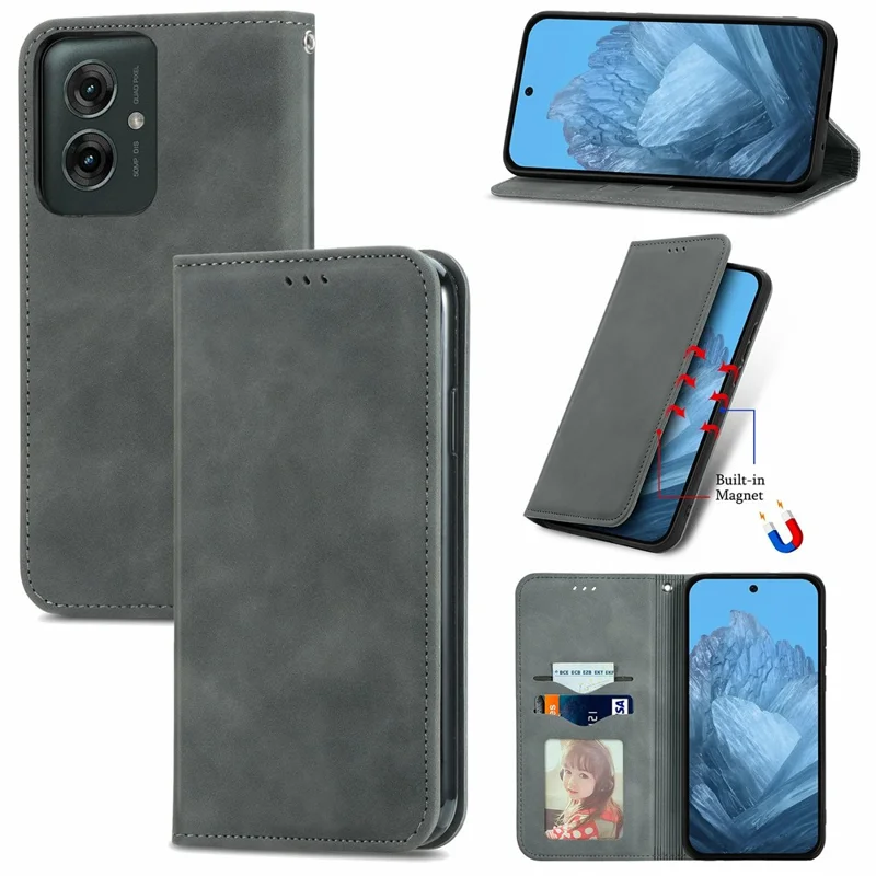 Voor Motorola Moto G55 5G Hoesje Met Huidgevoel, Leer Telefoonhoesje met Kaartvakjes, Steun en Magnetische Sluiting - Grijs