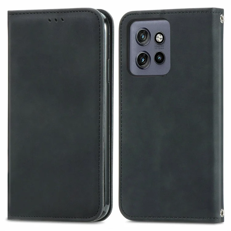 Coque pour Motorola Edge 50 Neo 5G, sensation tactile, fente pour carte, étui en cuir, support, absorption magnétique - Noir