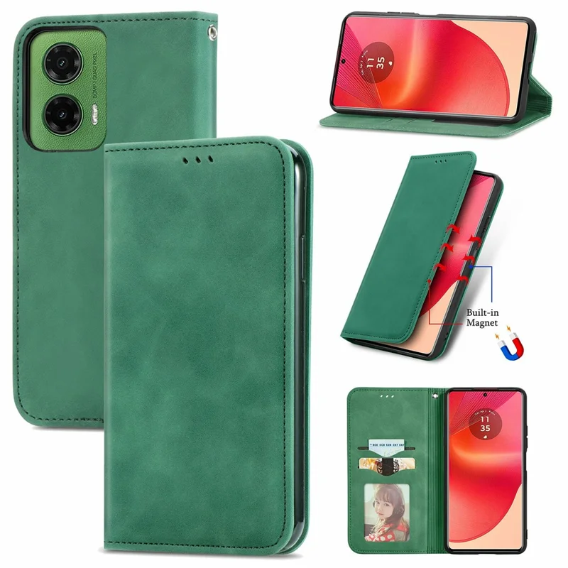 Чехол для Motorola Moto G35 5G с кожаной обложкой, слотом для карт, магнитным креплением и сенсорными ощущениями - зеленый
