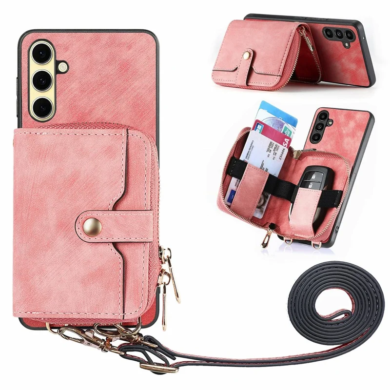 For Samsung Galaxy S24 FE Case Zipper Wallet Leather Phone Back Cover Kickstand with Shoulder Strap - Pink