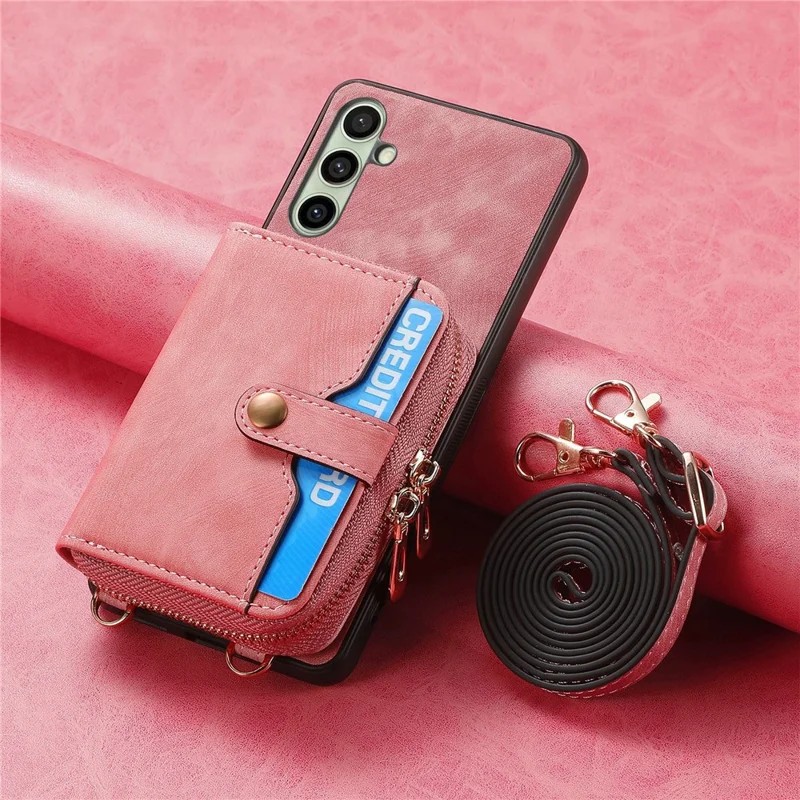 For Samsung Galaxy S24 FE Case Zipper Wallet Leather Phone Back Cover Kickstand with Shoulder Strap - Pink