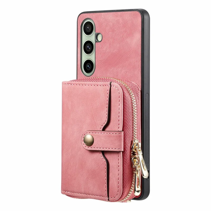 For Samsung Galaxy S24 FE Case Zipper Wallet Leather Phone Back Cover Kickstand with Shoulder Strap - Pink